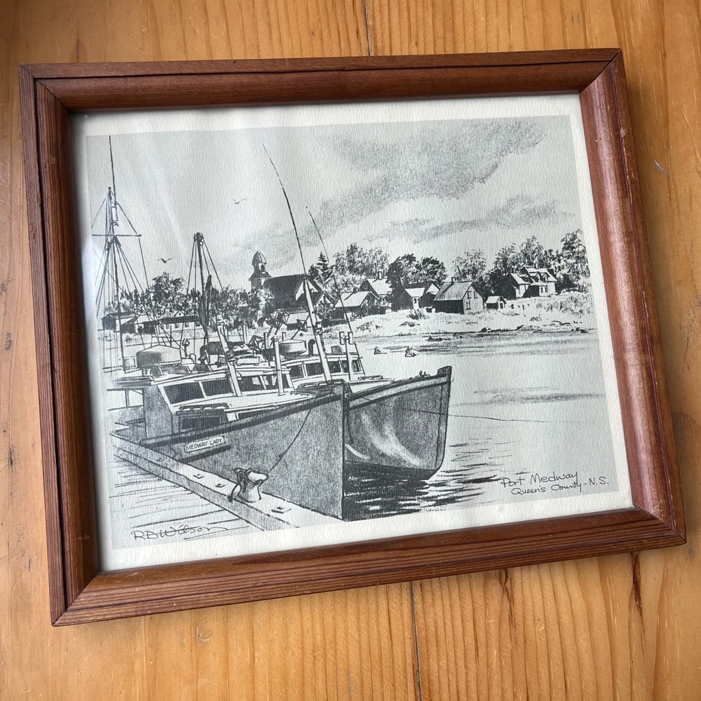 Vintage RD Wilson Framed Port Medway Charcoal Drawing Print Boats Lobster Ocean
